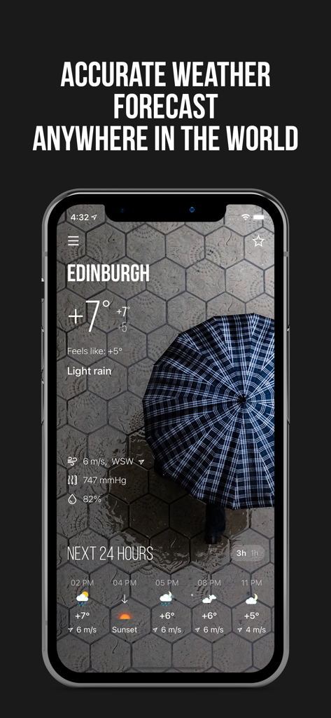 Interface de l'application MeMeteo montrant des prévisions météo détaillées pour Édimbourg avec un arrière-plan thématique d'un parapluie sur des carreaux pluvieux.