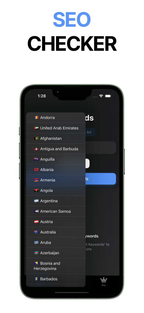 SEO Keyword Research Tool - 世界各国の国選択ドロップダウンメニューを表示するSEOキーワード調査ツールのインターフェース