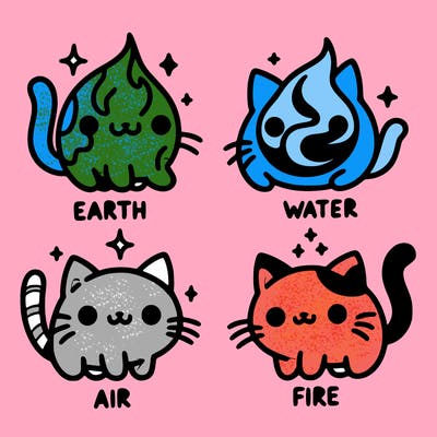 4 cats that represent the different elements, earth, water, air, and fire