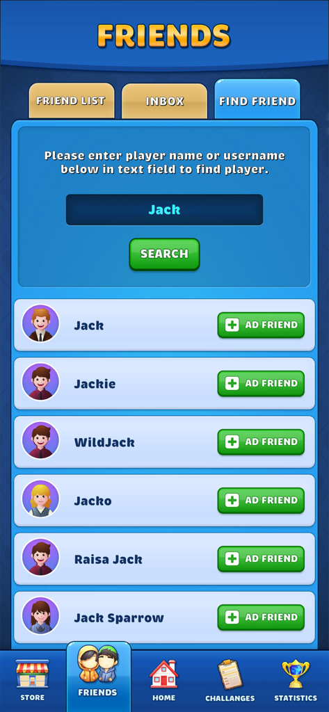 Interface for searching and adding friends in the Wild Jacks card game app