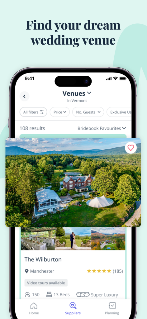 Schermata dell'app mobile che mostra i risultati della ricerca location per matrimoni per The Wilburton nel Vermont su Bridebook