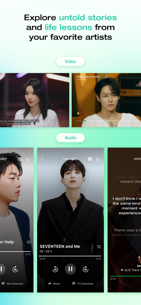 MINDSET by DIVE Studios - Screenshot of the MINDSET app showing video and audio categories with stories and life lessons from artists like SEVENTEEN