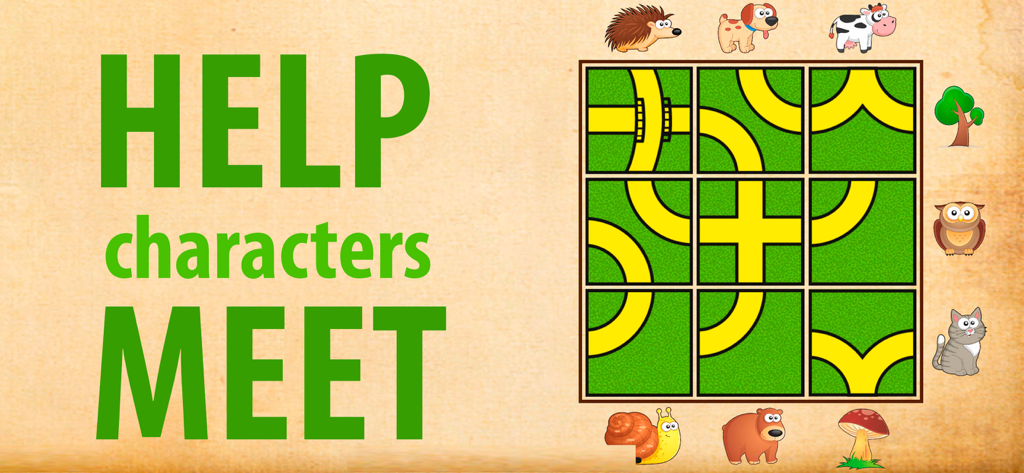 Toddler puzzle game for kids - A 3x3 grid puzzle for toddlers with yellow paths on green squares surrounded by cartoon animals and the text Help characters MEET.