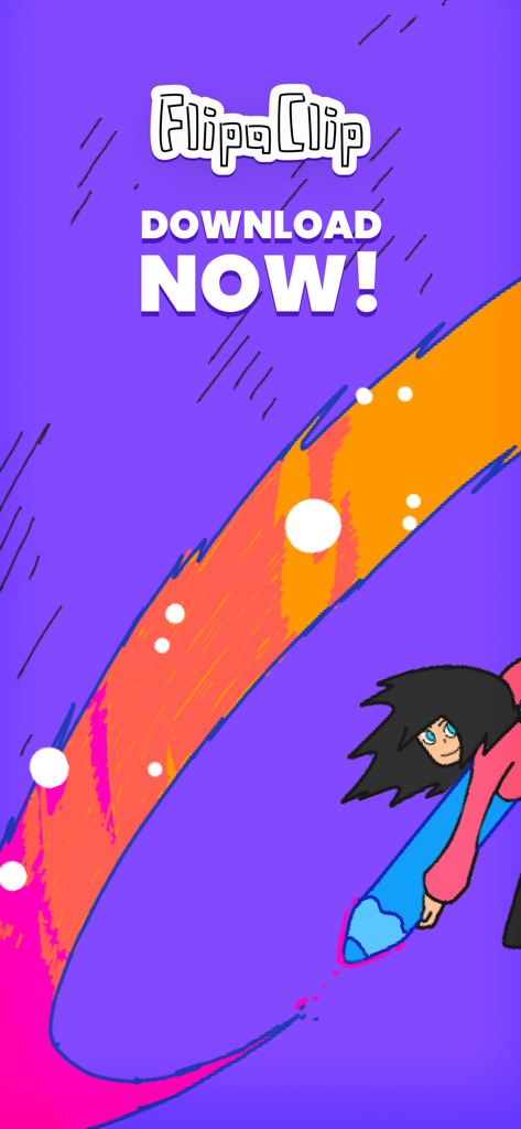 FlipaClipのダウンロード画面で、巨大な鉛筆で鮮やかな跡を描くカートゥーンキャラクター。