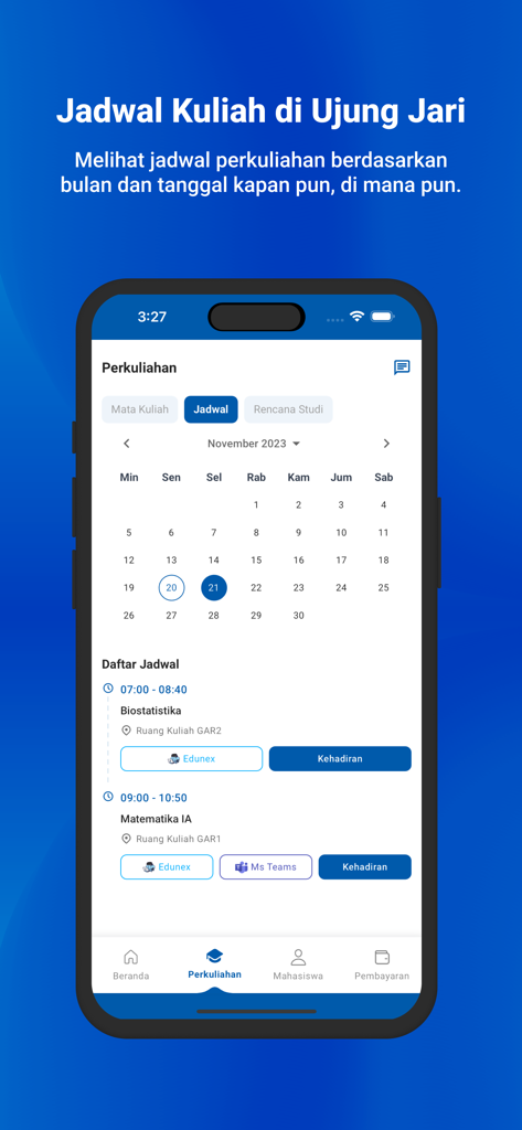 MySIX ITB - MySIX ITB mobile app interface showing a monthly calendar and detailed daily class schedule for university students.