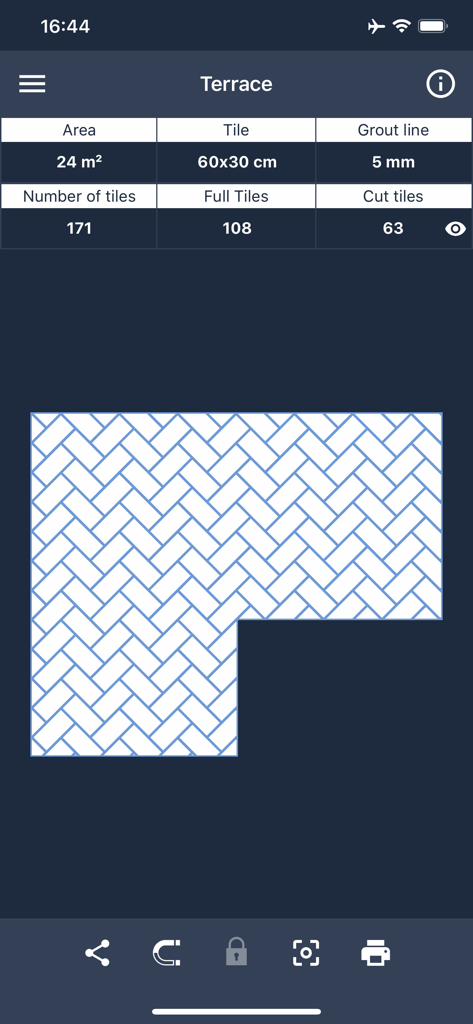 Floor Covering app screen showing a herringbone tile layout and material counts for a terrace project