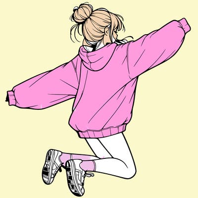 realistic girl jumping with a bun and oversized sweatshirt