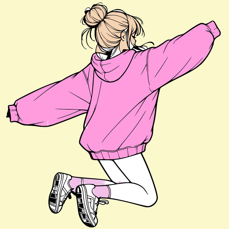 realistic girl jumping with a bun and oversized sweatshirt