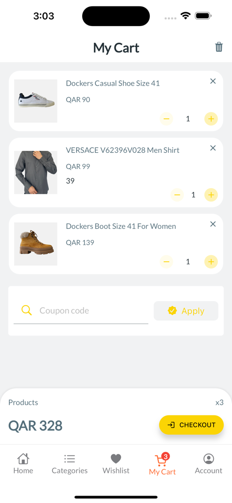 Brands Outlet - Shopping App - The shopping cart screen of the Brands Outlet app displaying branded shoes and clothing with a total price and checkout button.