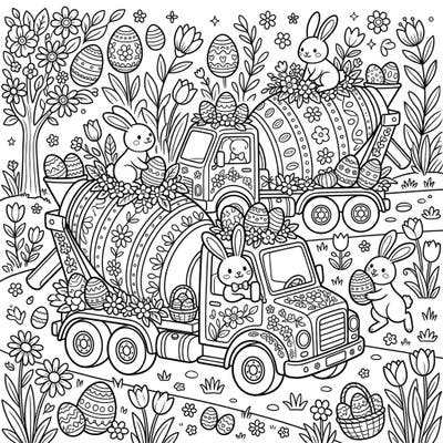 Get ready for an unexpected yet adorable Easter celebration with our cement truck coloring page! Discover cute bunnies and decorated eggs transforming these mighty vehicles into festive spring scenes.