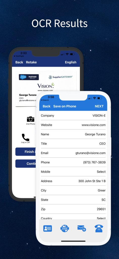 A mobile app interface displaying OCR scan results from a business card, showing extracted contact information fields like name, company, and email.