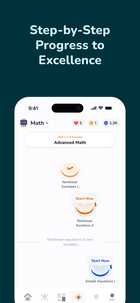 Professor Curious (fka ZuAI) - A mobile interface showing a step-by-step progress map for Advanced Math lessons including nonlinear functions and equations.