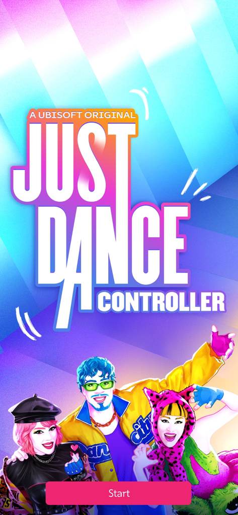 Just Dance Controller - Écran de démarrage de l'application Just Dance Controller avec des personnages colorés et un bouton de démarrage