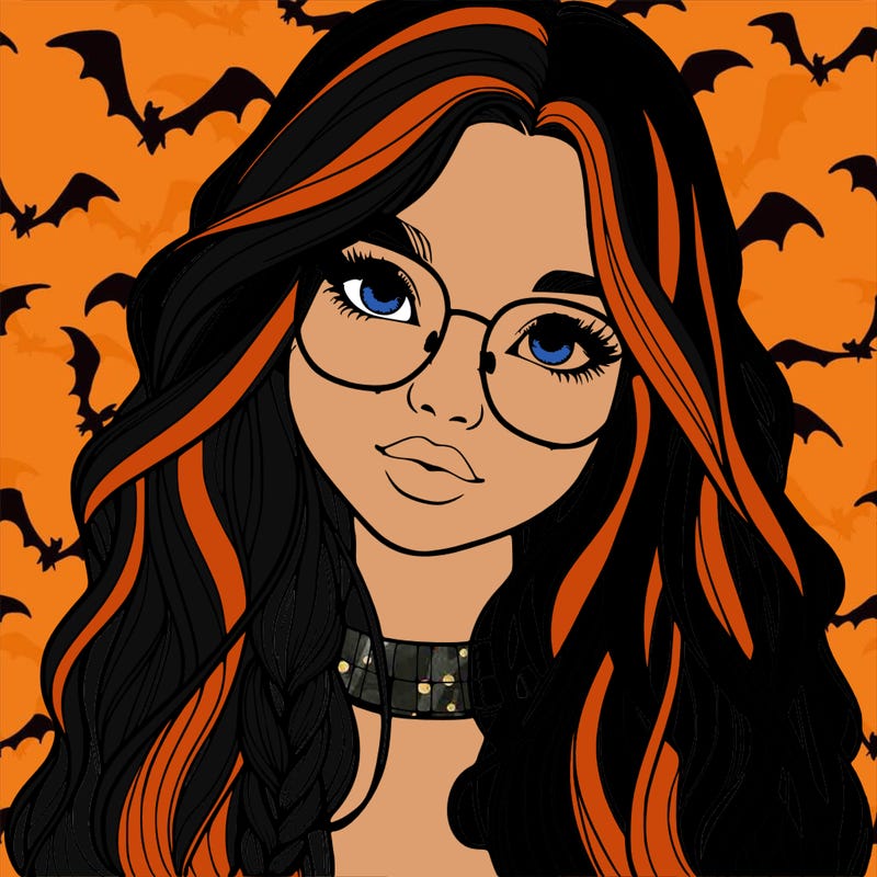 girl with long hair and freckles and glasses realistic