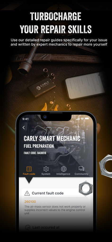 Carly — OBD2 car scanner - Interface de l'application Carly montrant un guide de réparation de mécanicien intelligent et une analyse des codes d'erreur pour l'entretien automobile
