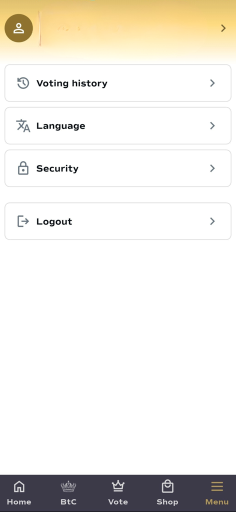 Miss Universe app menu screen showing voting history language and security options