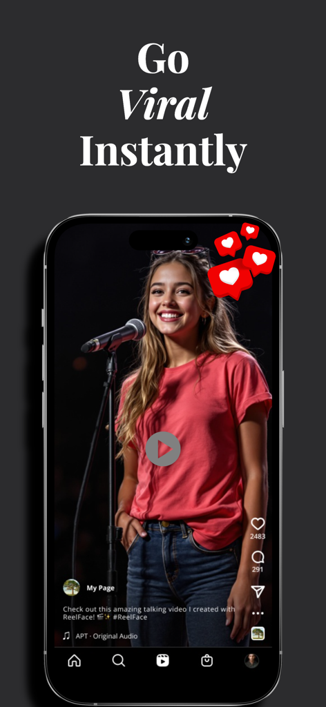ReelFace: Bring Photos to Life - A smartphone screen displaying a viral singing video created with ReelFace AI animator.