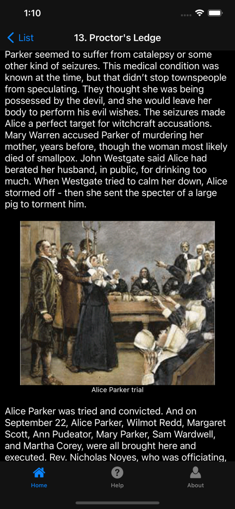 Salem Witches Tour - Historical text and Alice Parker trial painting in the Salem Witches Tour app