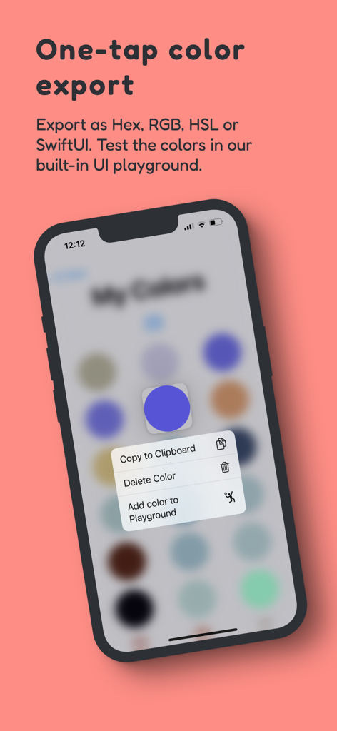 Captura de pantalla del iPhone que muestra el menú de exportación de color de un toque en la aplicación ColorPlanets