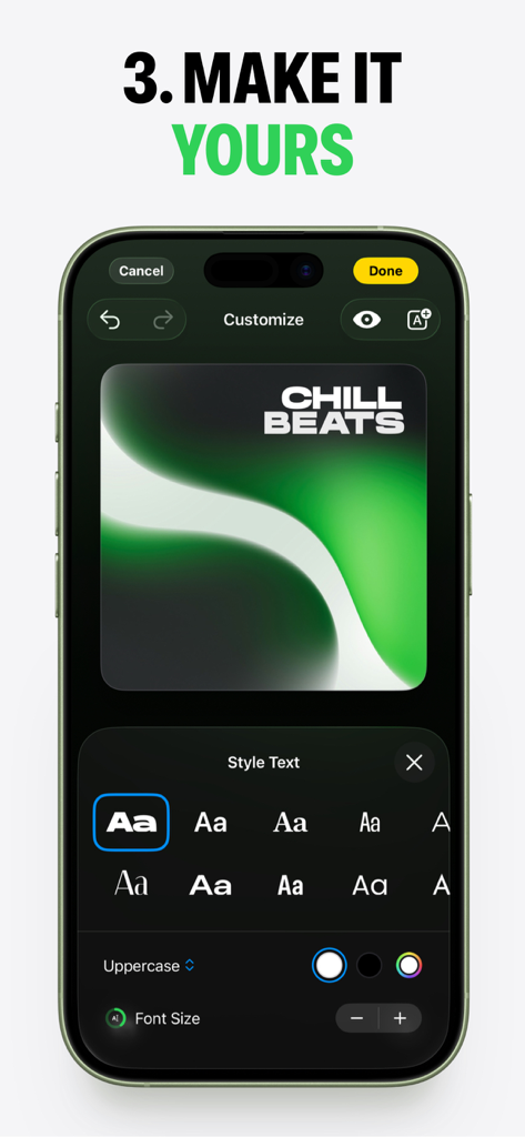 Denim - Playlist Cover Maker - Une interface de smartphone montrant des options de personnalisation de texte et de polices pour une pochette de playlist musicale intitulée "Chill Beats"