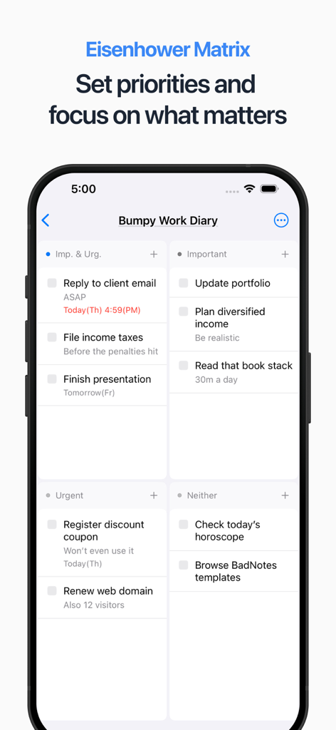 CoreTaskアプリのインターフェース。タスクがアイゼンハワー・マトリックスの4つの象限に整理されている様子を表示。