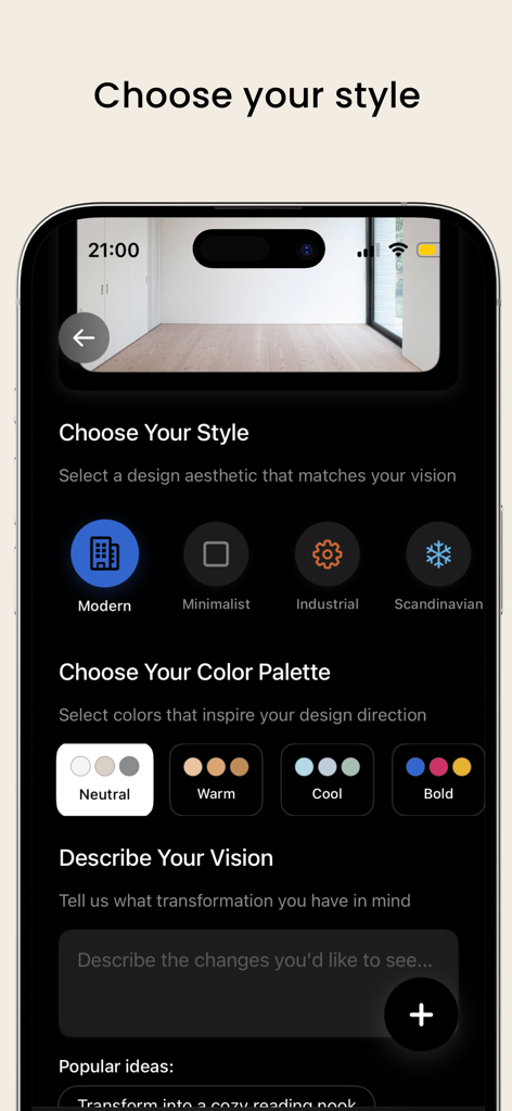Room Planner - AI Home Design - Interface do aplicativo móvel para selecionar estilos de design de interiores e paletas de cores usando IA.