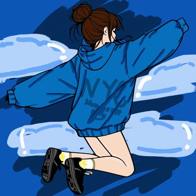 realistic girl jumping with a bun and oversized sweatshirt