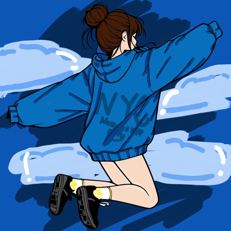 realistic girl jumping with a bun and oversized sweatshirt