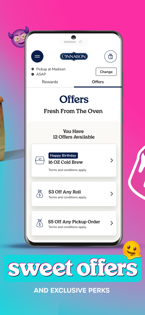 Cinnabon - The Cinnabon app interface showing available offers including a free birthday cold brew and discounts on rolls