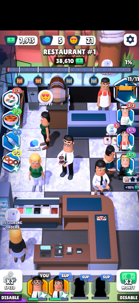 Una captura de pantalla del juego de Restaurant Simulator Online que muestra al personal sirviendo a los clientes en un entorno de cafetería 3D.
