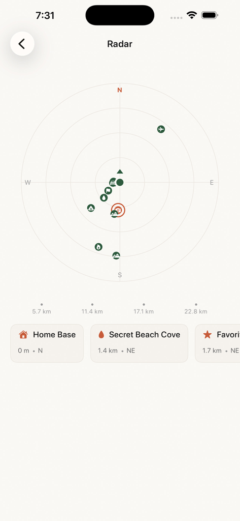Waypointer - GPS Compass - Waypointer app radar screen displaying saved waypoint locations and distances