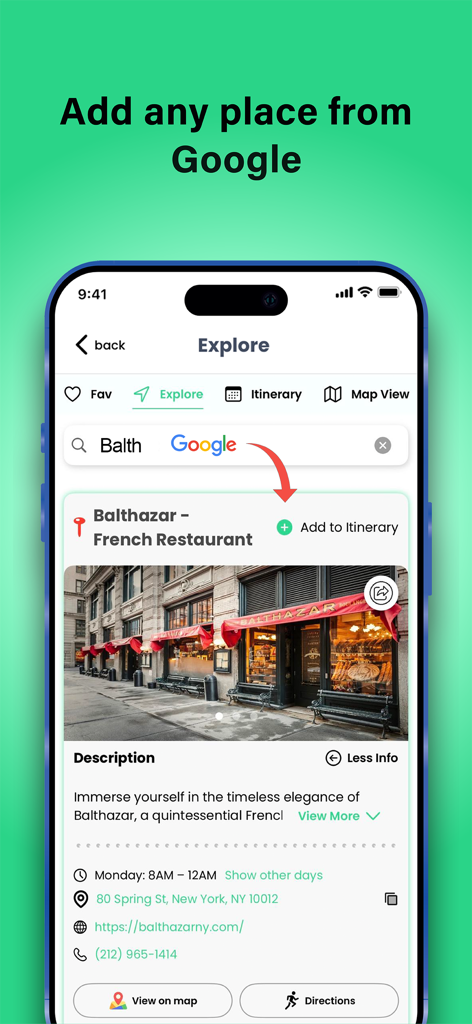 Travel Genie: Trip Itinerary - Interfaz de la aplicación Travel Genie que muestra la función de explorar para añadir un restaurante de Google directamente a un itinerario de viaje.