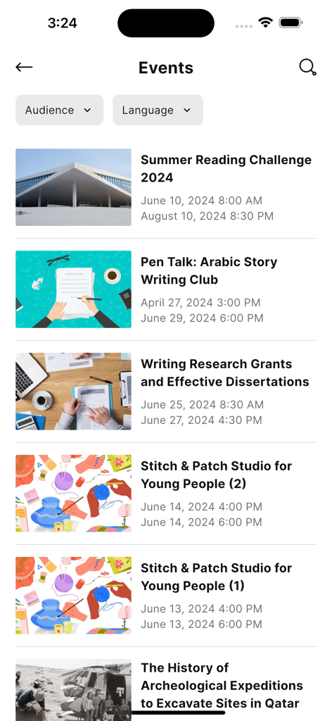 Qatar National Library - A list of upcoming educational events and workshops in the Qatar National Library app showing titles like Summer Reading Challenge and Writing Research Grants.