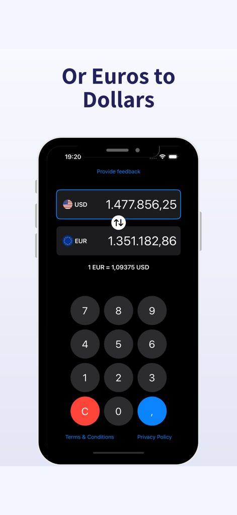 Euro to Dollar Converter - Interfaccia dell'app Convertitore Euro Dollaro su iPhone che mostra i tassi di cambio USD ed EUR con una tastiera numerica