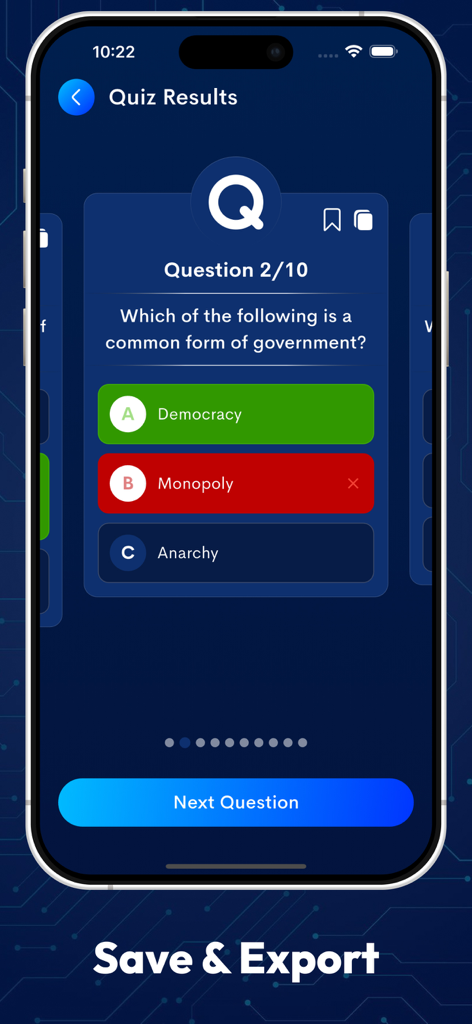 Questions Generator - AI Quiz - Mobile app interface of Questions Generator showing a multiple choice quiz question with correct and incorrect answers marked.
