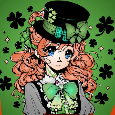 a manga-style girl with clovers around her, a little hat in her hair, like it's saint patrick's day