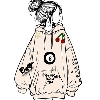 realistic girl with a oversized sweatshirt on and a bun