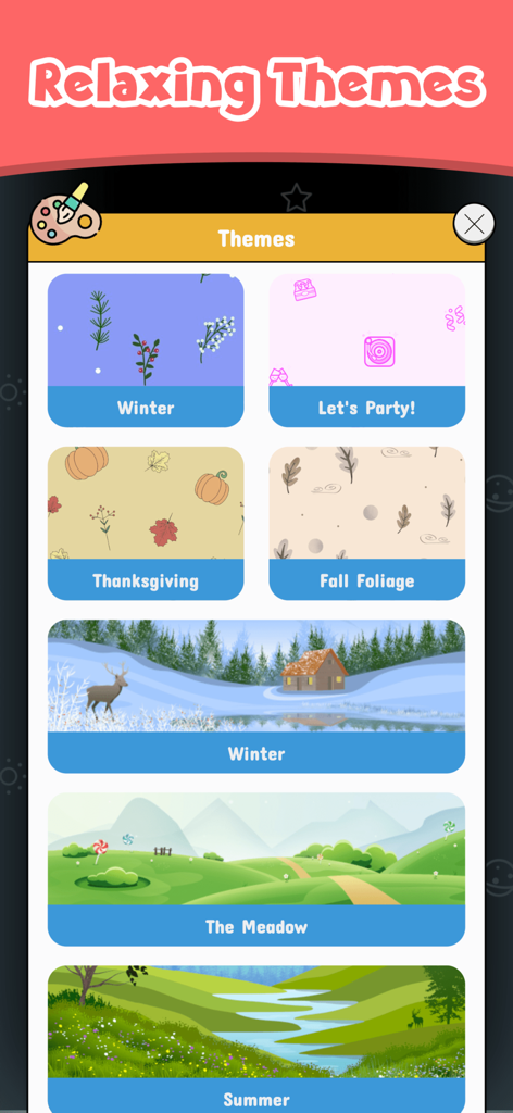 Zen Match Majong Tile Explorer - A menu of relaxing themes for Zen Match Mahjong featuring various nature and seasonal backgrounds like Winter Summer and Fall Foliage
