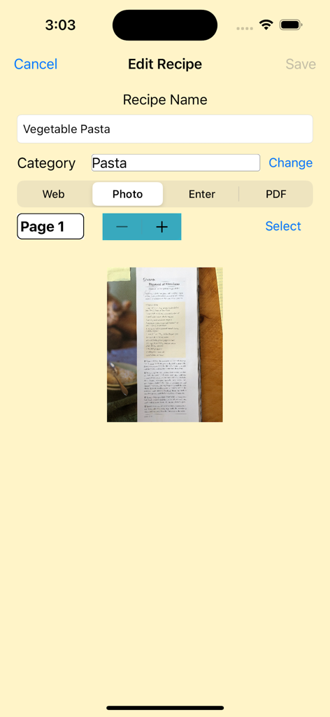 JustMyRecipes - Edit recipe screen in JustMyRecipes app showing a photo of a printed pasta recipe