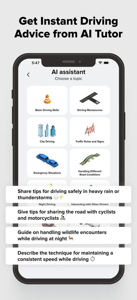 Driving Theory Test Prep 2025 - Interfaz de la aplicación Driving Theory Test Prep 2025 que muestra la función Tutor IA con varios temas de conducción.