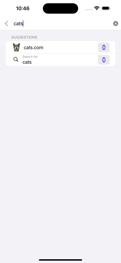 Luna Browser for Watch - Luna Browser iPhone companion app interface displaying search suggestions for cats