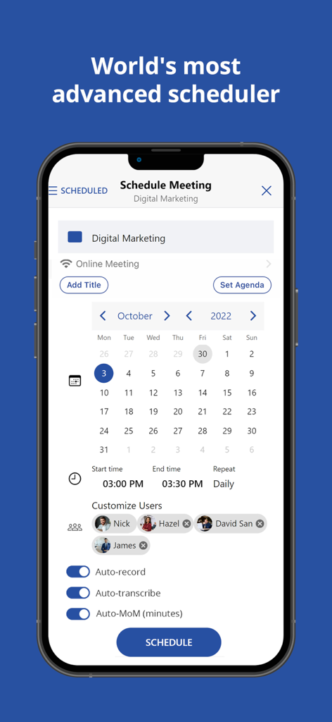 Qik Office - Interface of the Qik Office meeting scheduler showing date selection, attendee list, and AI automation toggles for recording and transcription.