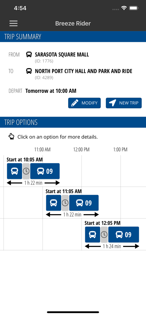 Breeze Rider - Breeze Rider app interface showing a trip summary and multiple bus departure options for Sarasota County