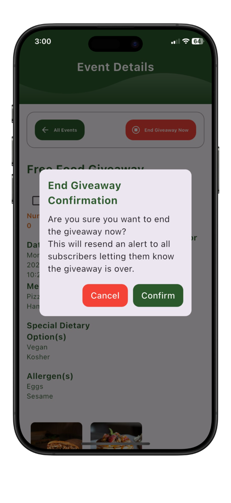 Bestätigungsmodal zum Beenden einer kostenlosen Essensverlosung in der mobilen App Food Alert On Campus.