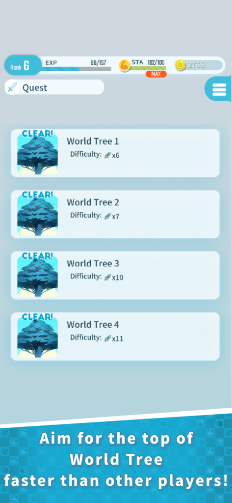 EGGRYPTO: Hatch! Own! Monster - Interface of the EGGRYPTO mobile game showing a list of cleared World Tree quest levels with difficulty ratings.
