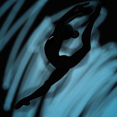 gymnast doing a leap in a leotard with a bent back leg