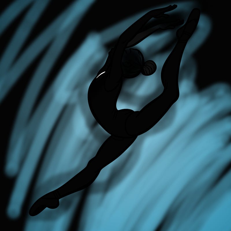 gymnast doing a leap in a leotard with a bent back leg