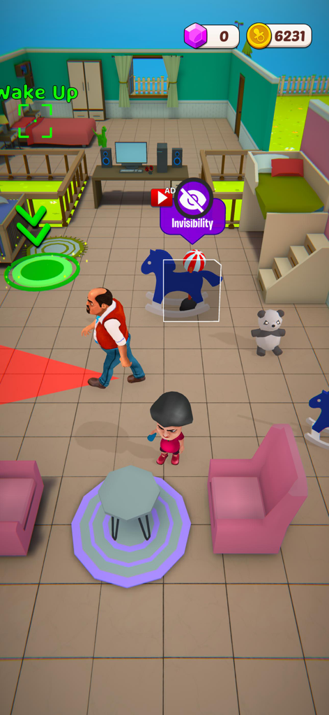 Scary Little Prankster - Un personaje infantil se cuela detrás de un adulto en una habitación en el juego móvil Scary Little Prankster.