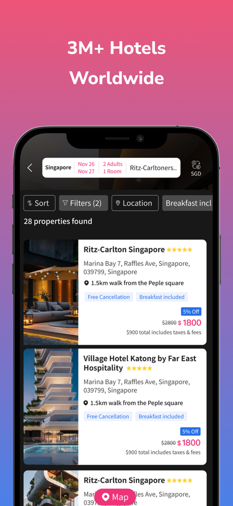 Captura de tela do aplicativo Umy mostrando resultados de pesquisa de hotéis em Cingapura com o título 3 milhões de hotéis em todo o mundo.
