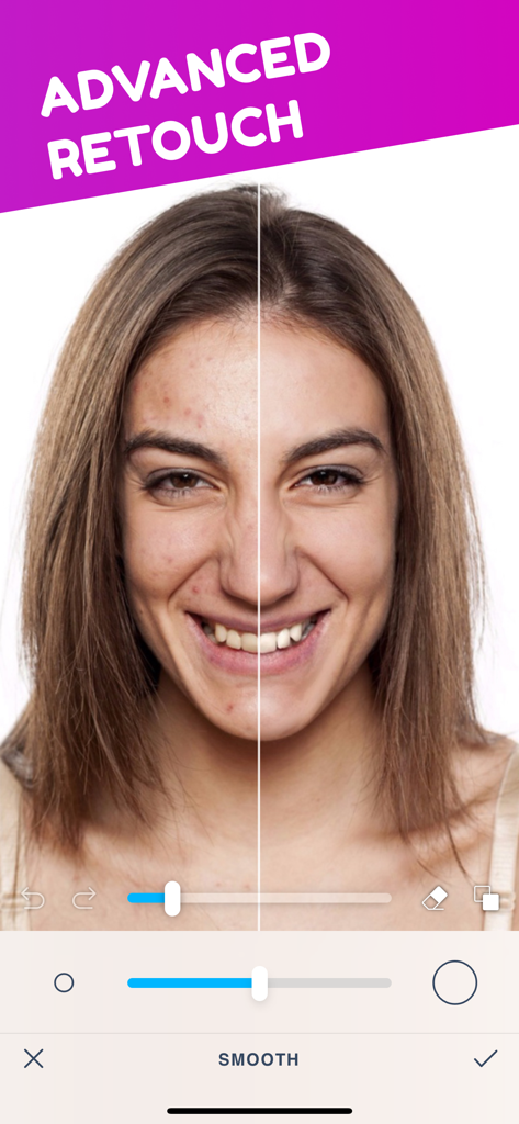 Split screen comparison showing a woman's face before and after using the AI skin smoothing retouch tool